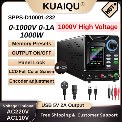 KUAIQU SPPS-D10001-232 - Alimentation CC haute tension 1 000 V 1 A avec écran couleur et fonction mémoire pour tests en laboratoire et de vieillissement