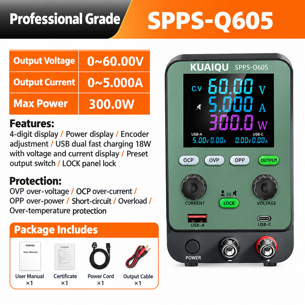 KUAIQU SPPS-Q605 60V 5A 300W Precision Electronics Testing DC Power Supply with USB-A USB-C