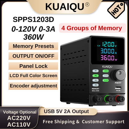 Alimentation CC KUAIQU SPPS1203D 120 V 3 A, écran LCD, mémoire programmable, contrôle RS232/USB, stockage 4 jeux, port de chargement USB, multi-protection, noir