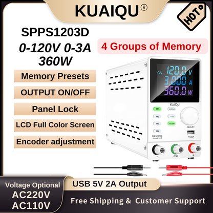 Alimentation CC KUAIQU SPPS1203D 120 V 3 A, écran LCD, mémoire programmable, contrôle RS232/USB, stockage 4 jeux, port de chargement USB, multiprotection, blanc