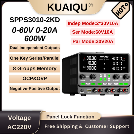 KUAIQU SPPS3010-2KD - 30V 10A Dual-Channel Power Supply with 4-in-1 Mode, OCP/OVP, Memory Storage & One-Key Series/Parallel