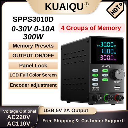 Alimentation CC KUAIQU SPPS3010D 30 V 10 A, écran LCD, mémoire programmable, contrôle RS232/USB, stockage 4 jeux, port de chargement USB, multiprotection, noir