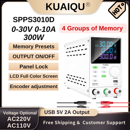 Alimentation CC KUAIQU SPPS3010D 30 V 10 A, écran LCD, mémoire programmable, contrôle RS232/USB, stockage 4 jeux, port de chargement USB, multiprotection, blanc