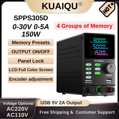 Alimentation CC KUAIQU SPPS305D 30 V 5 A, écran LCD, mémoire programmable, contrôle RS232/USB, stockage 4 jeux, port de chargement USB, multi-protection, noir
