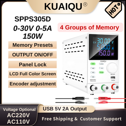 Alimentation CC KUAIQU SPPS305D 30 V 5 A, écran LCD, mémoire programmable, contrôle RS232/USB, stockage de 4 jeux, port de chargement USB, multiprotection, blanc