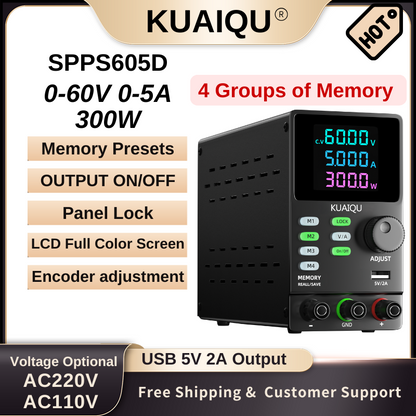 Alimentation CC KUAIQU SPPS605D 60 V 5 A, écran LCD, mémoire programmable, contrôle RS232/USB, stockage 4 jeux, port de charge USB, multi-protection, noir