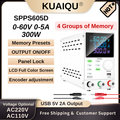 Alimentation CC KUAIQU SPPS605D 60 V 5 A, écran LCD, mémoire programmable, contrôle RS232/USB, stockage 4 jeux, port de charge USB, multiprotection, blanc