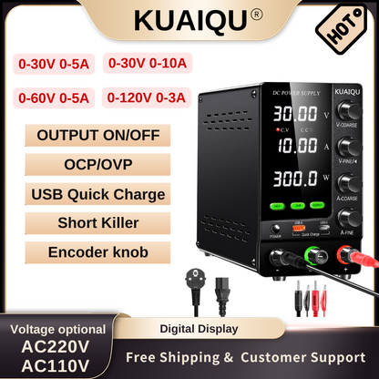 KUAIQU SPS-C3010S - Bloc d'alimentation CC 30 V 10 A avec charge rapide USB et protection contre les surintensités/surintensités (OCP/OVP) pour réparation mobile, tests électroniques et utilisation en laboratoire