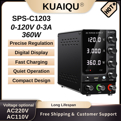 KUAIQU SPS-C1203 - Alimentation CC variable 120 V 3 A avec affichage à 4 chiffres pour laboratoire, tests électroniques et chargement de batterie, noir