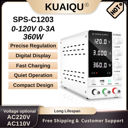 KUAIQU SPS-C1203 - Alimentation CC variable 120 V 3 A avec affichage à 4 chiffres pour laboratoire, tests électroniques et chargement de batterie, blanc
