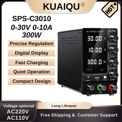 KUAIQU SPS-C3010 - Alimentation CC variable 30 V 10 A avec affichage à 4 chiffres pour laboratoire, tests électroniques et chargement de batterie, noir