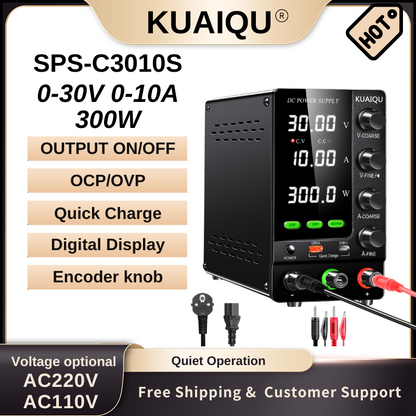 KUAIQU SPS-C3010S - Bloc d'alimentation CC 30 V 10 A avec charge rapide USB et protection contre les surintensités/surintensités (OCP/OVP) pour réparation mobile, tests électroniques et utilisation en laboratoire