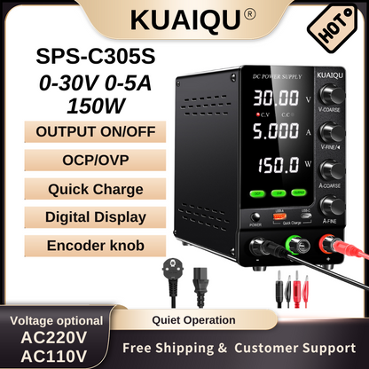 KUAIQU SPS-C305S - Bloc d'alimentation CC 30 V 5 A avec charge rapide USB et protection contre les surintensités/surintensités (OCP/OVP) pour réparation mobile, tests électroniques et utilisation en laboratoire