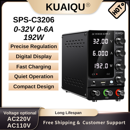 KUAIQU SPS-C3206 - Alimentation CC variable 32 V 6 A avec affichage à 4 chiffres pour laboratoire, tests électroniques et chargement de batterie, noir