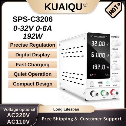 KUAIQU SPS-C3206 - Alimentation CC variable 32 V 6 A avec affichage à 4 chiffres pour laboratoire, tests électroniques et chargement de batterie, blanc
