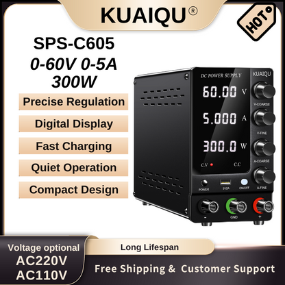 KUAIQU SPS-C605 - Alimentation CC variable 60 V 5 A avec affichage à 4 chiffres pour laboratoire, tests électroniques et chargement de batterie, noir