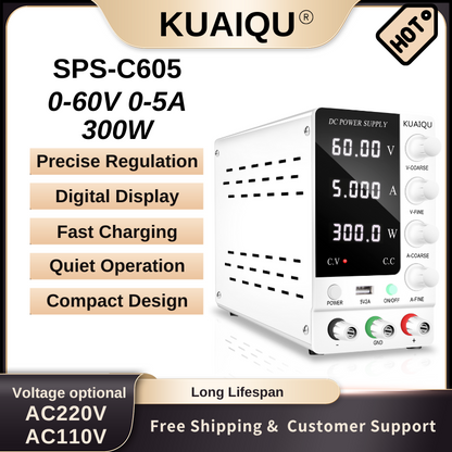 KUAIQU SPS-C605 - Alimentation CC variable 60 V 5 A avec affichage à 4 chiffres pour laboratoire, tests électroniques et chargement de batterie, blanc