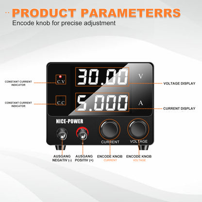 NICE-POWER SPS-E305 - Mini-alimentation régulée 30 V 5 A avec affichage numérique pour réparation mobile, tests de circuits imprimés et laboratoires d'électronique