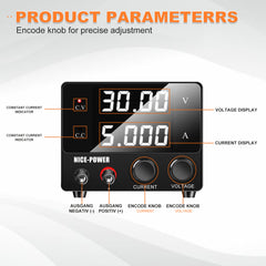 NICE-POWER SPS-E305 - Minifuente de alimentación regulada de 30 V y 5 A con pantalla digital para reparación de dispositivos móviles, pruebas de PCB y laboratorios de electrónica