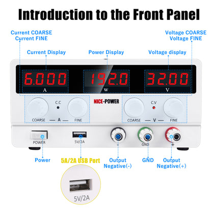 NICE-POWER SPS-H3206 Adjustable DC Stabilized Power Supply 32V 6A Digital Adjustable Voltage and Current DC Meter White