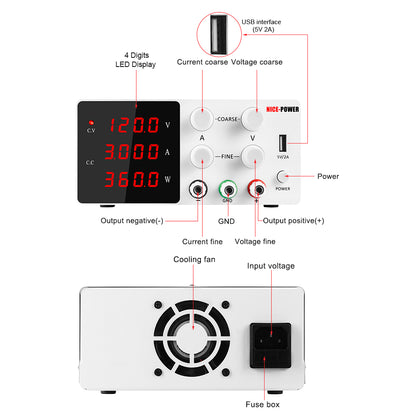 DC Power supply Variable 120V 3A for Communication equipment detection SPS-W1203 Fine Adjust & 5V 2A USB White
