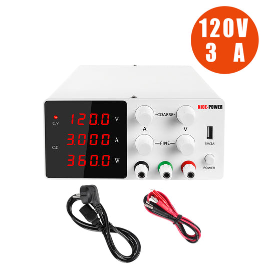 DC Power supply Variable 120V 3A for Communication equipment detection SPS-W1203 Fine Adjust & 5V 2A USB White