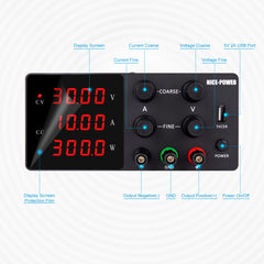 Fuente de alimentación CC NICE-POWER de media y baja tensión para pruebas de carga, 30 V, 10 A, SPS-W3010, salida estable con puerto USB de 5 V/2 A, color negro.