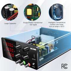 Convient pour la recherche et les tests NICE-POWER SPS-W305 Alimentation CC 30 V 5 A avec USB 5 V 2 A Noir