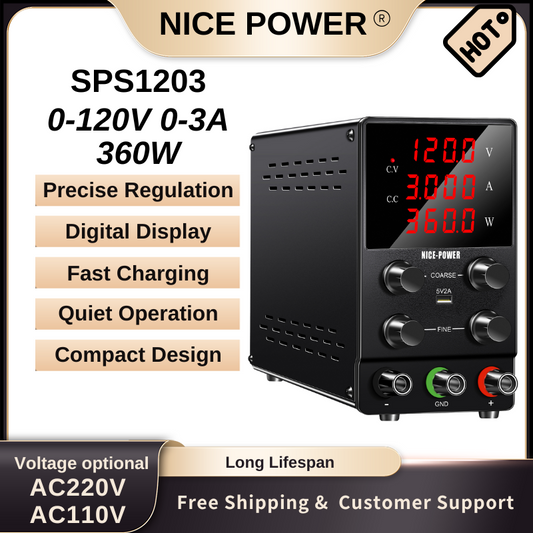 NICE POWER SPS1203 - 120V 3A DC Power Supply with 4-Digit LED Display for Mobile Phone Repair and Electronics Testing black