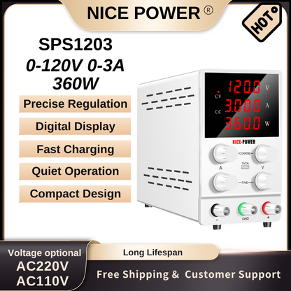 NICE POWER SPS1203 - Bloc d'alimentation 120 V 3 A CC avec écran LED à 4 chiffres pour la réparation de téléphones portables et les tests électroniques (blanc)