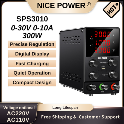 NICE POWER SPS3010 - Bloc d'alimentation 30 V 10 A CC avec écran LED à 4 chiffres pour la réparation de téléphones portables et les tests électroniques, noir
