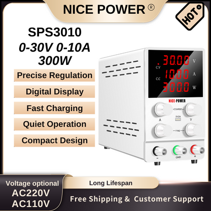 NICE POWER SPS3010 - Bloc d'alimentation 30 V 10 A CC avec écran LED à 4 chiffres pour la réparation de téléphones portables et les tests électroniques (blanc)
