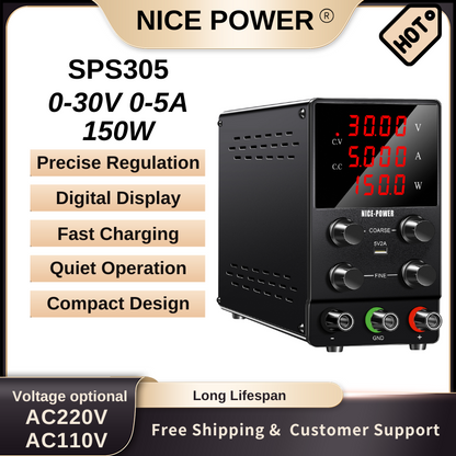 NICE POWER SPS305 - Bloc d'alimentation CC 30 V 5 A avec écran LED à 4 chiffres pour la réparation de téléphones portables et les tests électroniques, noir