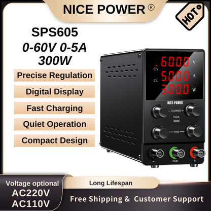 NICE POWER SPS605 - Bloc d'alimentation CC 60 V 5 A avec écran LED à 4 chiffres pour la réparation de téléphones portables et les tests électroniques, noir