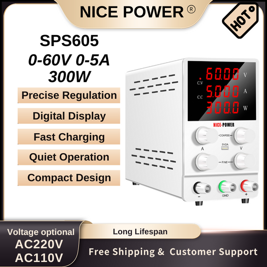 NICE POWER SPS605 - 60V 5A DC Power Supply with 4-Digit LED Display for Mobile Phone Repair and Electronics Testing white