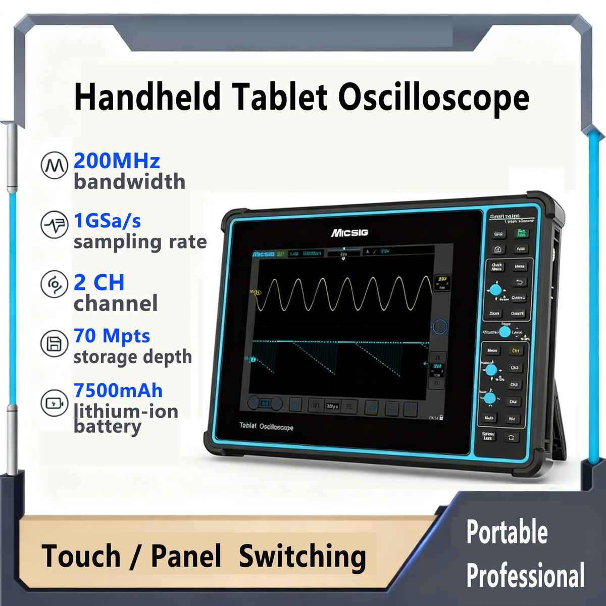 Digital Automotive Tablet Oscilloscope 200MHz 2 Channels 1GSa/s 70Mpts 110Mpts Touch Screen Digital Tablet Oscilloscope Rich Interfaces