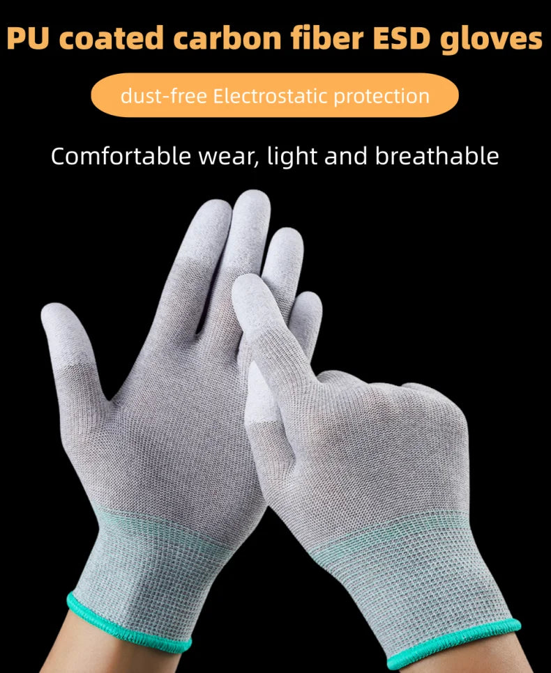 2PCS L Carbon Fiber ESD Work Gloves, Lightweight Breathable, Anti-Slip Durable, Touchscreen Compatible for Electronics