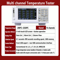 Testeur de température multicanaux 8 ou 16 canaux -200 °C à 2320 °C, écran tactile LCD 5 pouces, interface USB, fonction d'alarme, thermocouple numérique. 