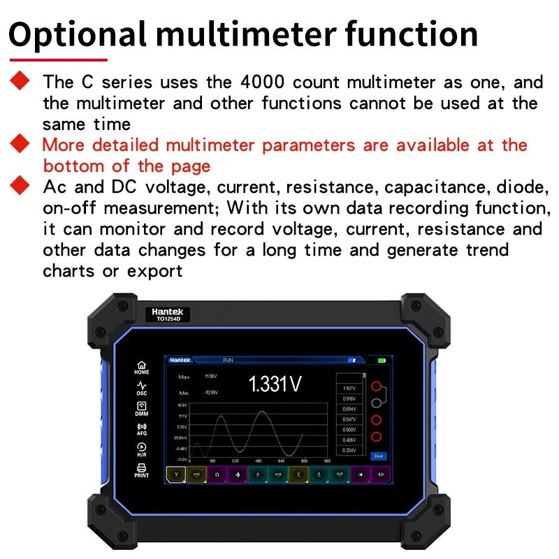 Hantek portable Handheld Touch Screen 2-channels Digital Oscilloscope TO1152C TO1202C TO1252C 150MHz 200MHz 250MHz with Multimeter function