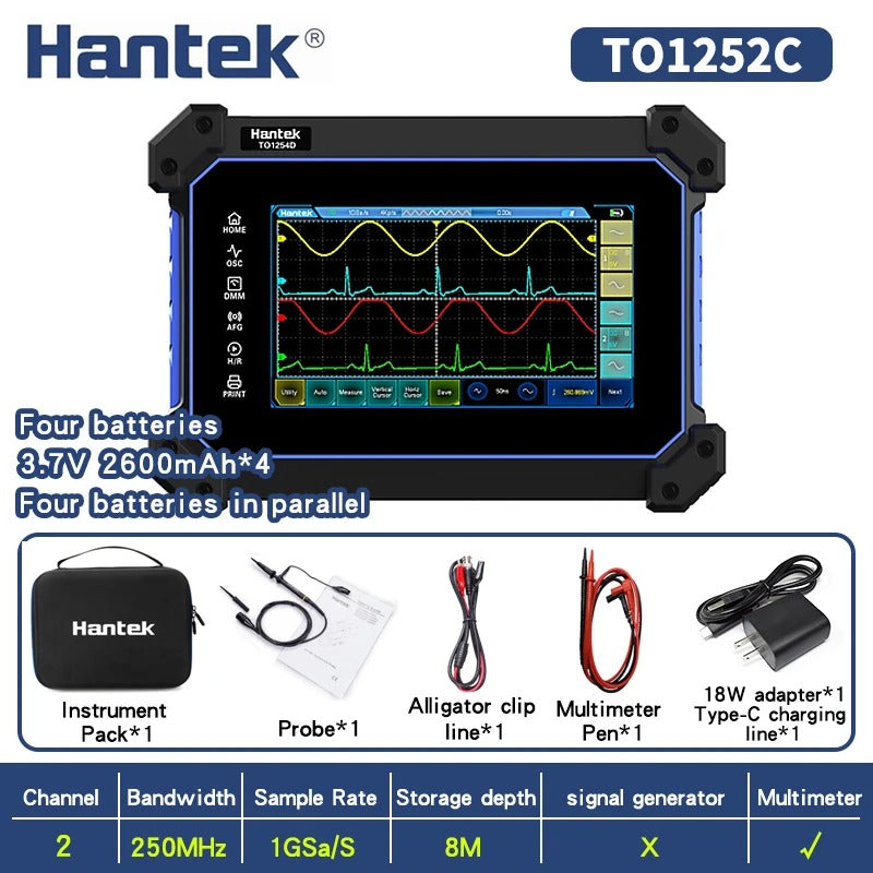 Hantek portable Handheld Touch Screen 2-channels Digital Oscilloscope TO1152C TO1202C TO1252C 150MHz 200MHz 250MHz with Multimeter function