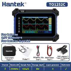 Osciloscopio digital portátil Hantek con pantalla táctil de 2 canales TO1152C, TO1202C, TO1252C, 150 MHz, 200 MHz y 250 MHz con función de multímetro.