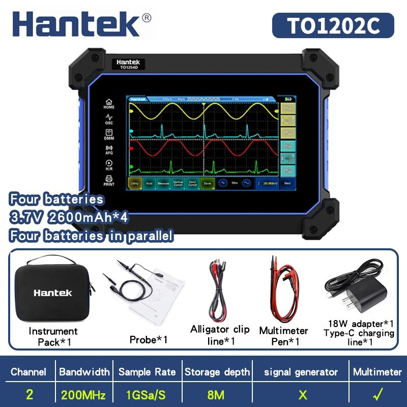 Hantek portable Handheld Touch Screen 2-channels Digital Oscilloscope TO1152C TO1202C TO1252C 150MHz 200MHz 250MHz with Multimeter function