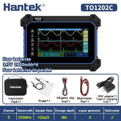Osciloscopio digital portátil Hantek con pantalla táctil de 2 canales TO1152C, TO1202C, TO1252C, 150 MHz, 200 MHz y 250 MHz con función de multímetro.