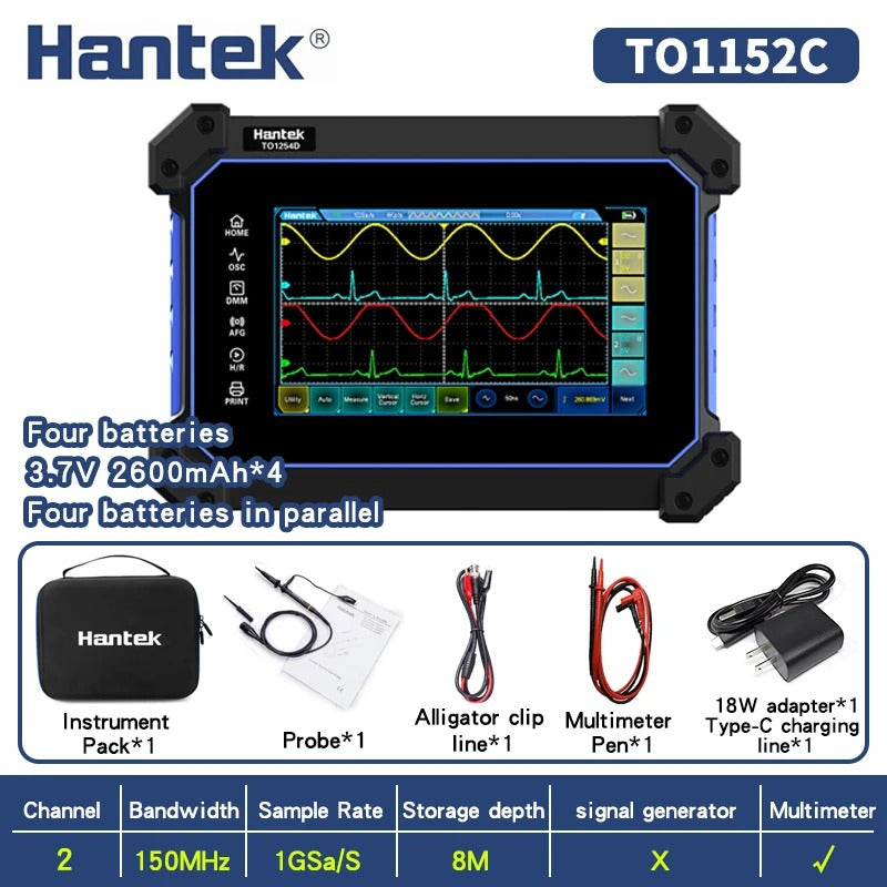 Osciloscopio digital portátil Hantek con pantalla táctil de 2 canales TO1152C, TO1202C, TO1252C, 150 MHz, 200 MHz y 250 MHz con función de multímetro.