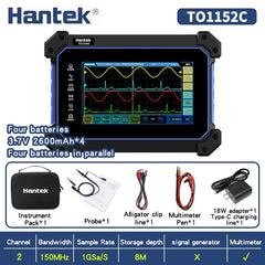 Osciloscopio digital portátil Hantek con pantalla táctil de 2 canales TO1152C, TO1202C, TO1252C, 150 MHz, 200 MHz y 250 MHz con función de multímetro.