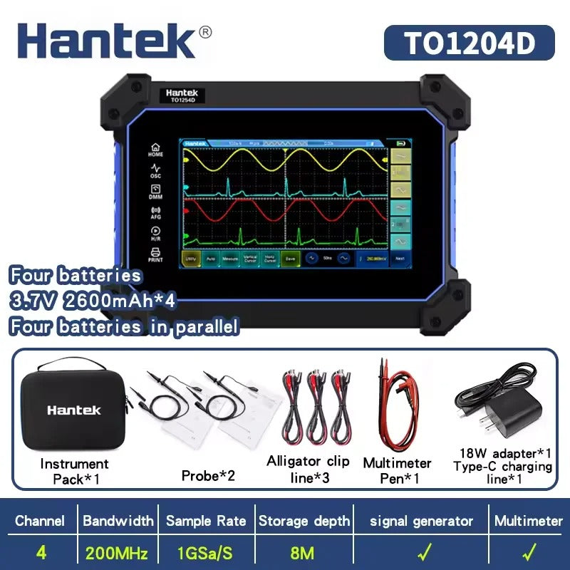 Osciloscopios portátiles Hantek TO1154D TO1204D TO1254D Almacenamiento de formas de onda Análisis de datos múltiples Ancho de banda de 150 MHz 200 MHz 250 MHz 