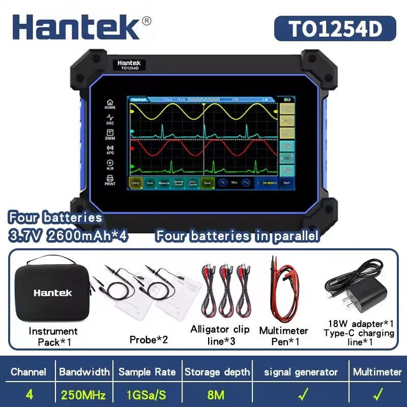 Osciloscopios portátiles Hantek TO1154D TO1204D TO1254D Almacenamiento de formas de onda Análisis de datos múltiples Ancho de banda de 150 MHz 200 MHz 250 MHz 