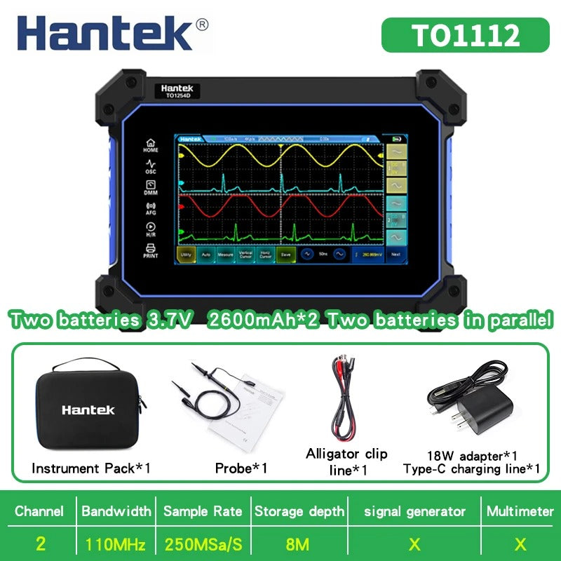 Osciloscopio digital Hantek con pantalla táctil completa TO1112, TO1112C, TO1112D, portátil, 110 MHz, 2 canales, multímetro y generador de señales, fuente de señal de 25 MHz. 