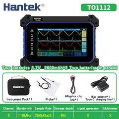 Osciloscopio digital Hantek con pantalla táctil completa TO1112, TO1112C, TO1112D, portátil, 110 MHz, 2 canales, multímetro y generador de señales, fuente de señal de 25 MHz. 