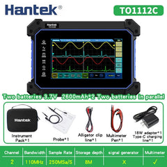 Osciloscopio digital Hantek con pantalla táctil completa TO1112, TO1112C, TO1112D, portátil, 110 MHz, 2 canales, multímetro y generador de señales, fuente de señal de 25 MHz. 
